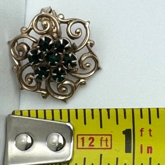 Vintage Gold-Tone Clip-On Earrings Greenish Black Rhinestones & Filigree Design - Picture 3 of 8